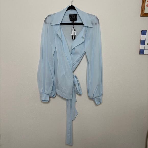 NWT NY 77 Design Celine Blouse Long Sleeve Wrap Top Light Blue Cotton Size 1 - Picture 6 of 6